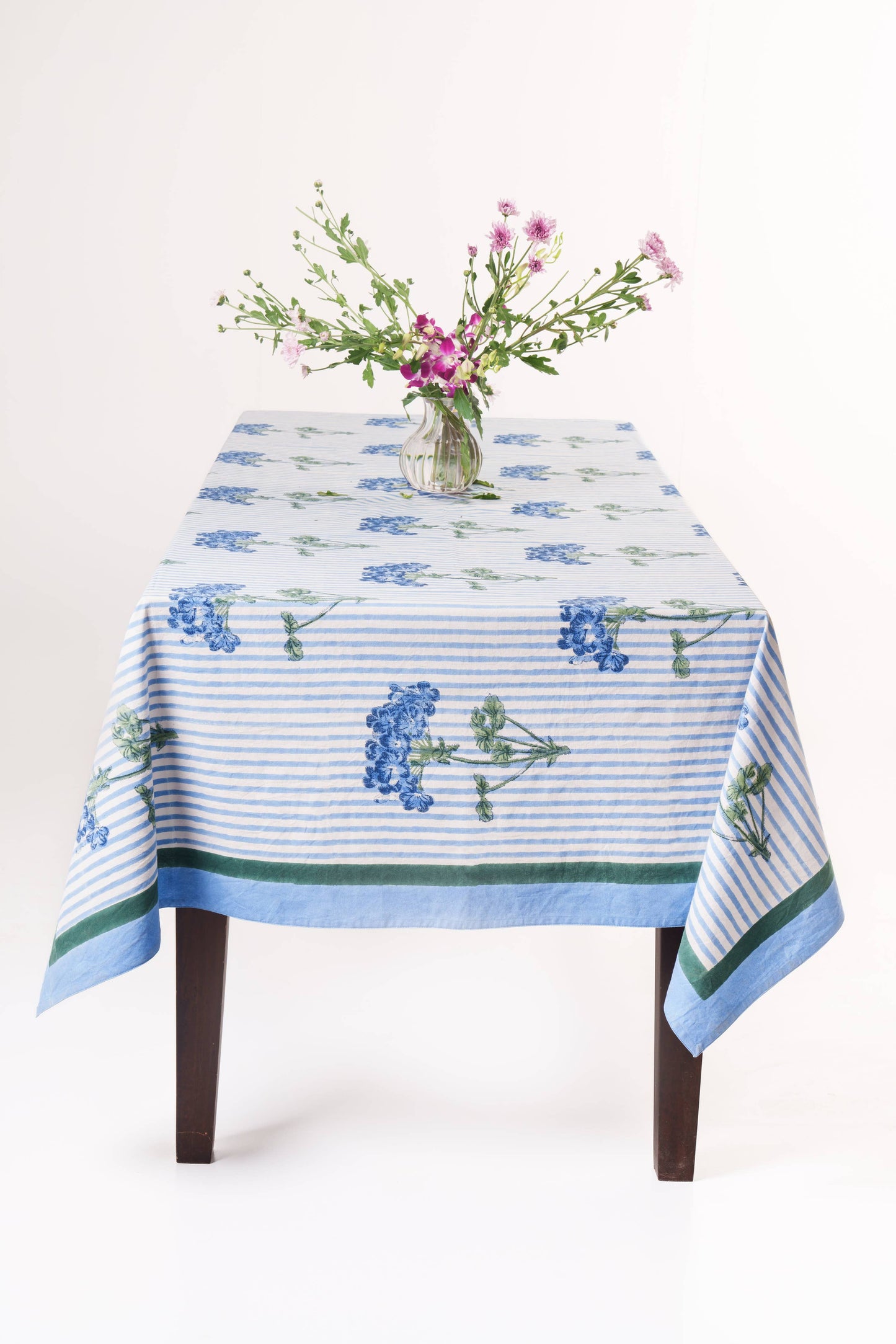 Blue Hydrangea Blockprint Tablecloth: 60x90