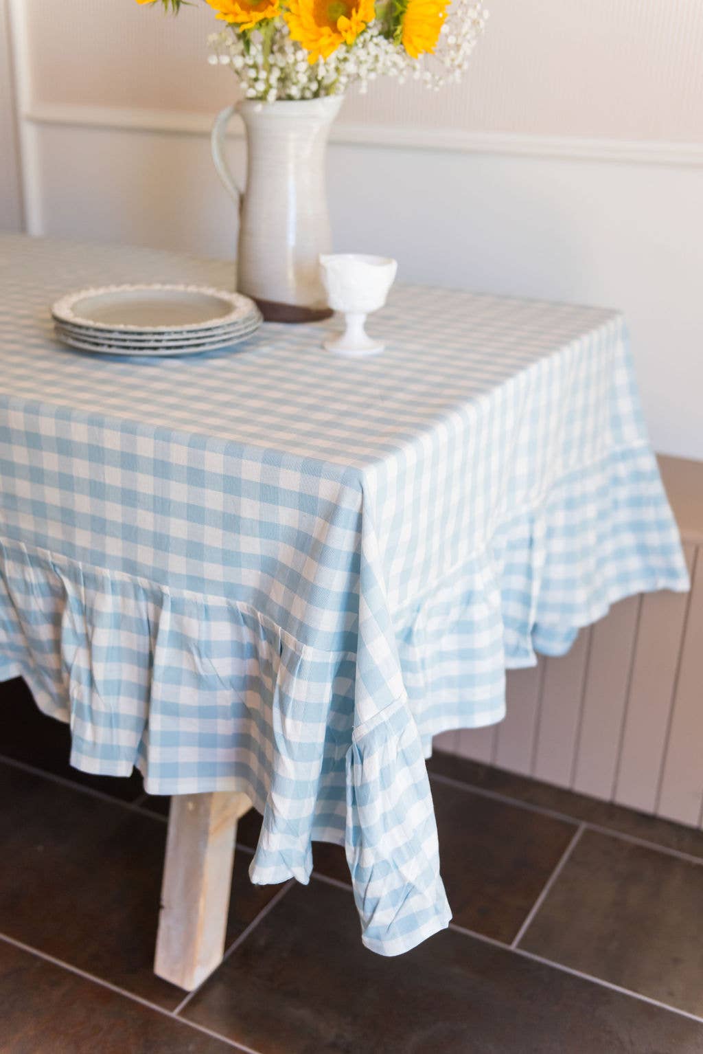 Blue Ruffled Gingham Tablecloth: 60" x 120"