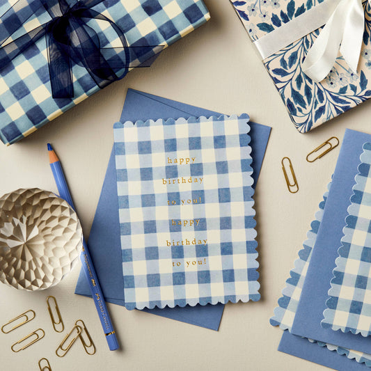 Mid Blue Gingham Birthday Card