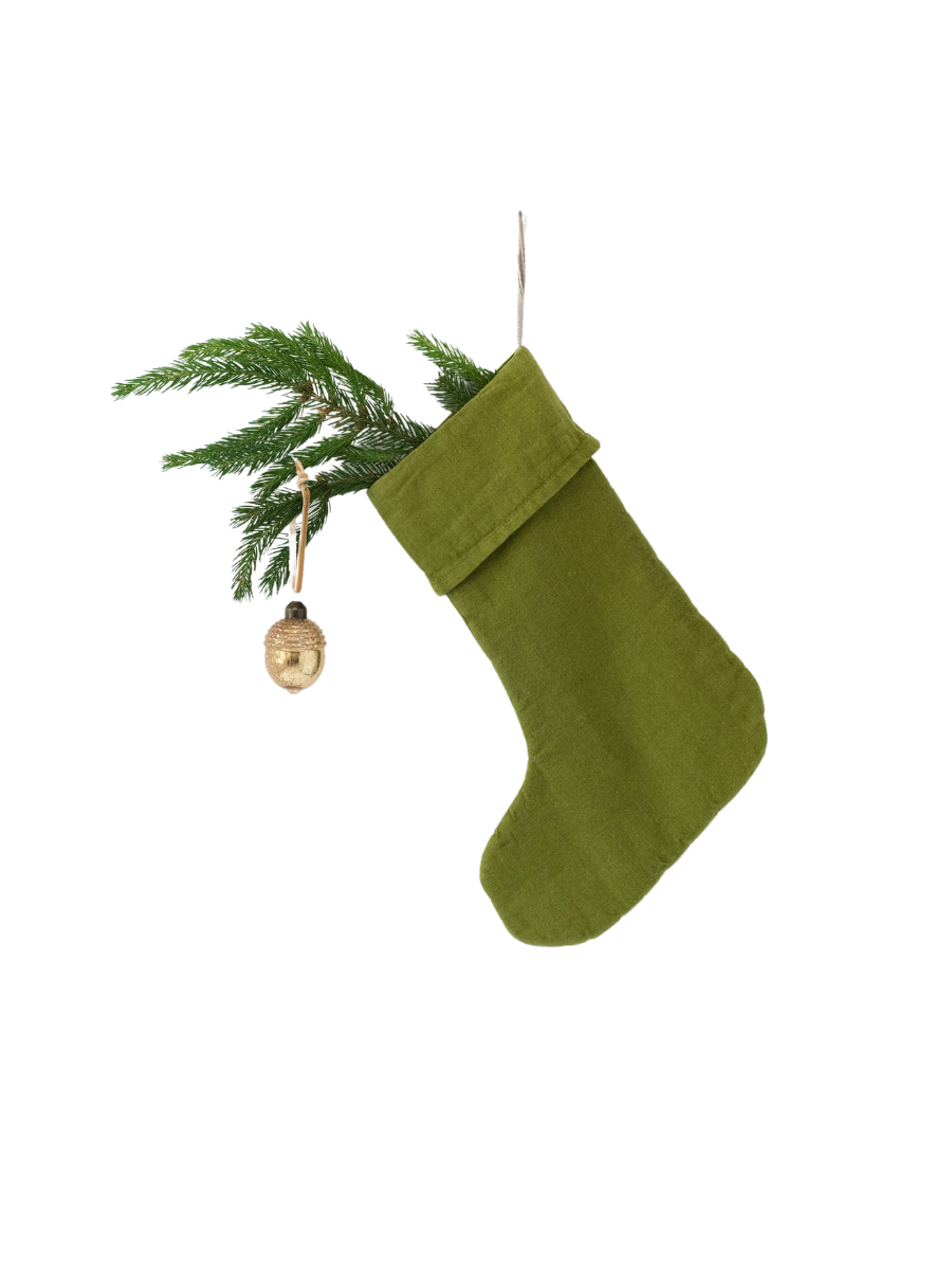 Christmas Green Linen Christmas Stocking