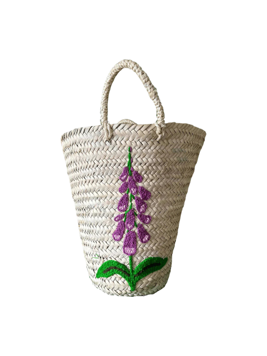 Hand Embroidered Bucket Basket, Foxglove