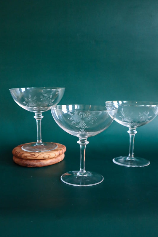 (Set of 3) Vintage Double Rose Etched Coupes