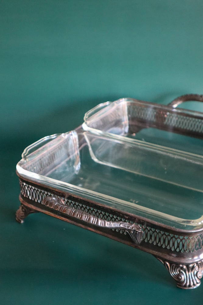 Vintage Anchor Hocking Ovenware Loaf Pans with Silverplate Carrier