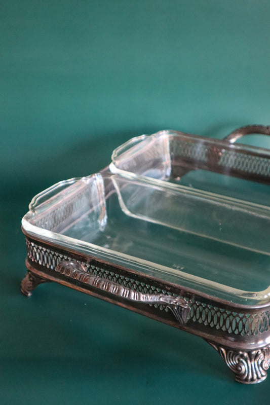 Vintage Anchor Hocking Ovenware Loaf Pans with Silverplate Carrier