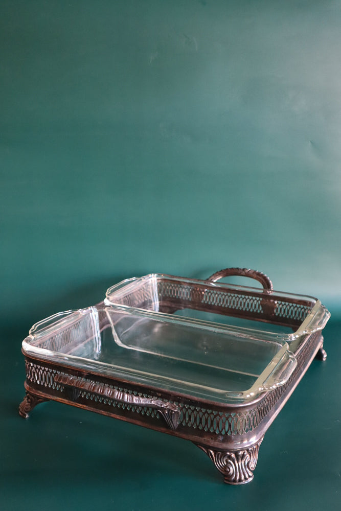 Vintage Anchor Hocking Ovenware Loaf Pans with Silverplate Carrier