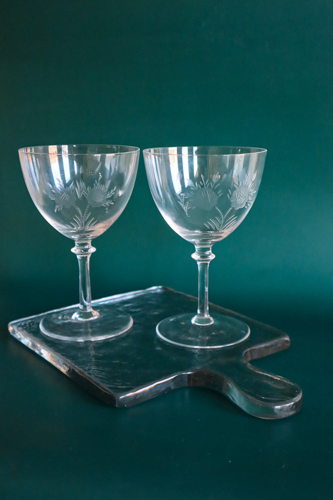 (Set of 2) Vintage Double Rose Etched Wine Glass