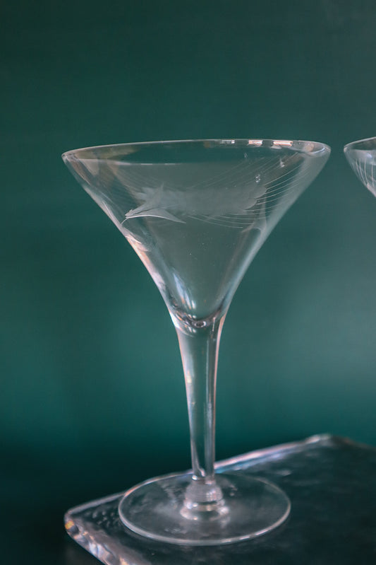(Set of 2) Vintage Wheat Etched Martini Glass