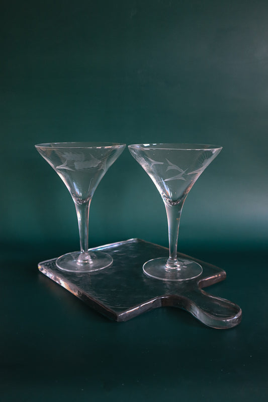 (Set of 2) Vintage Wheat Etched Martini Glass