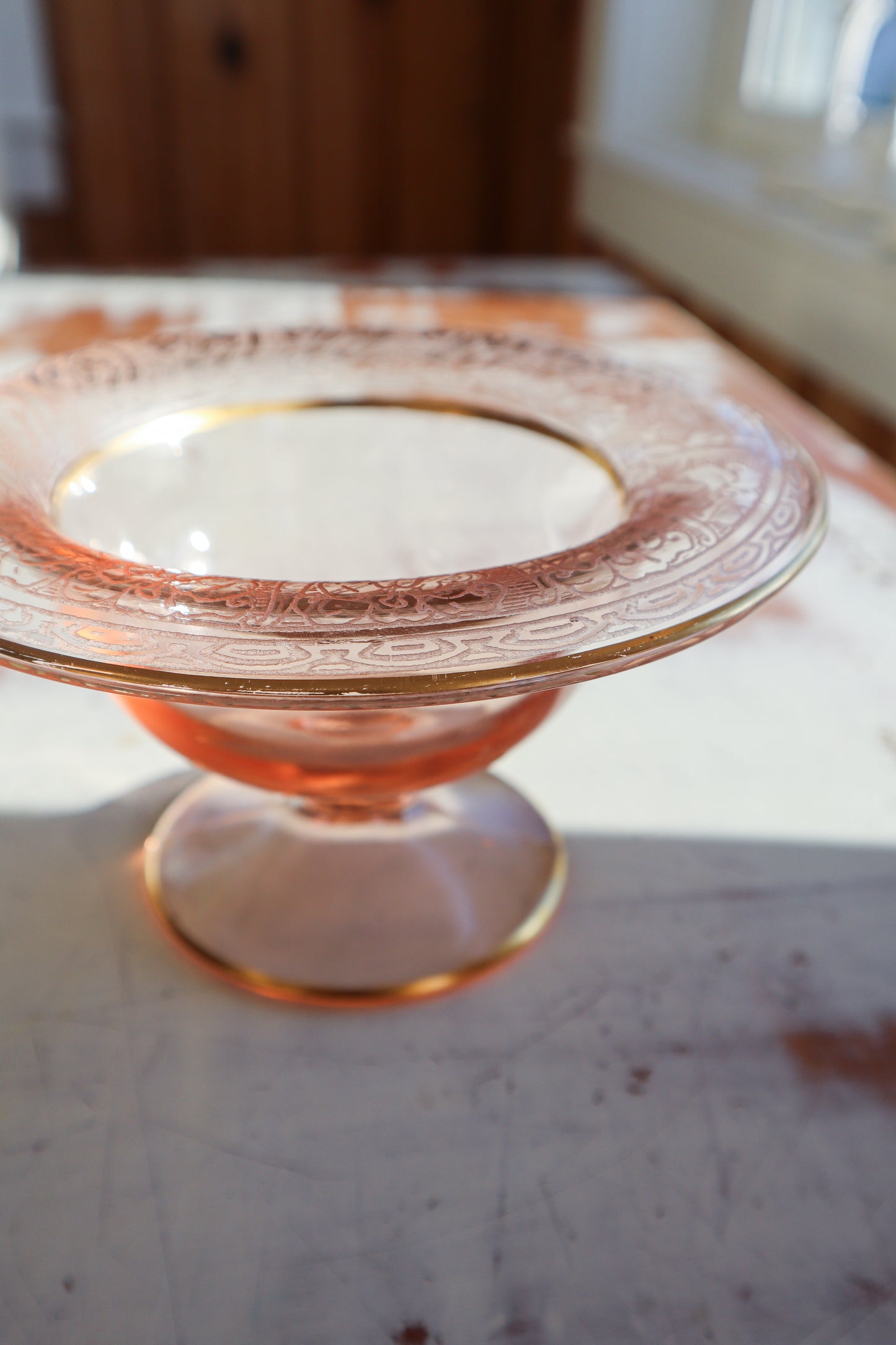 Lilies Etched Pink Depression Glass Footed Compote