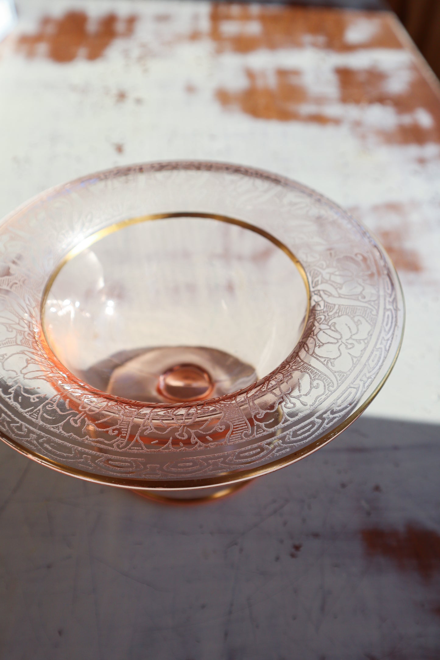Lilies Etched Pink Depression Glass Footed Compote