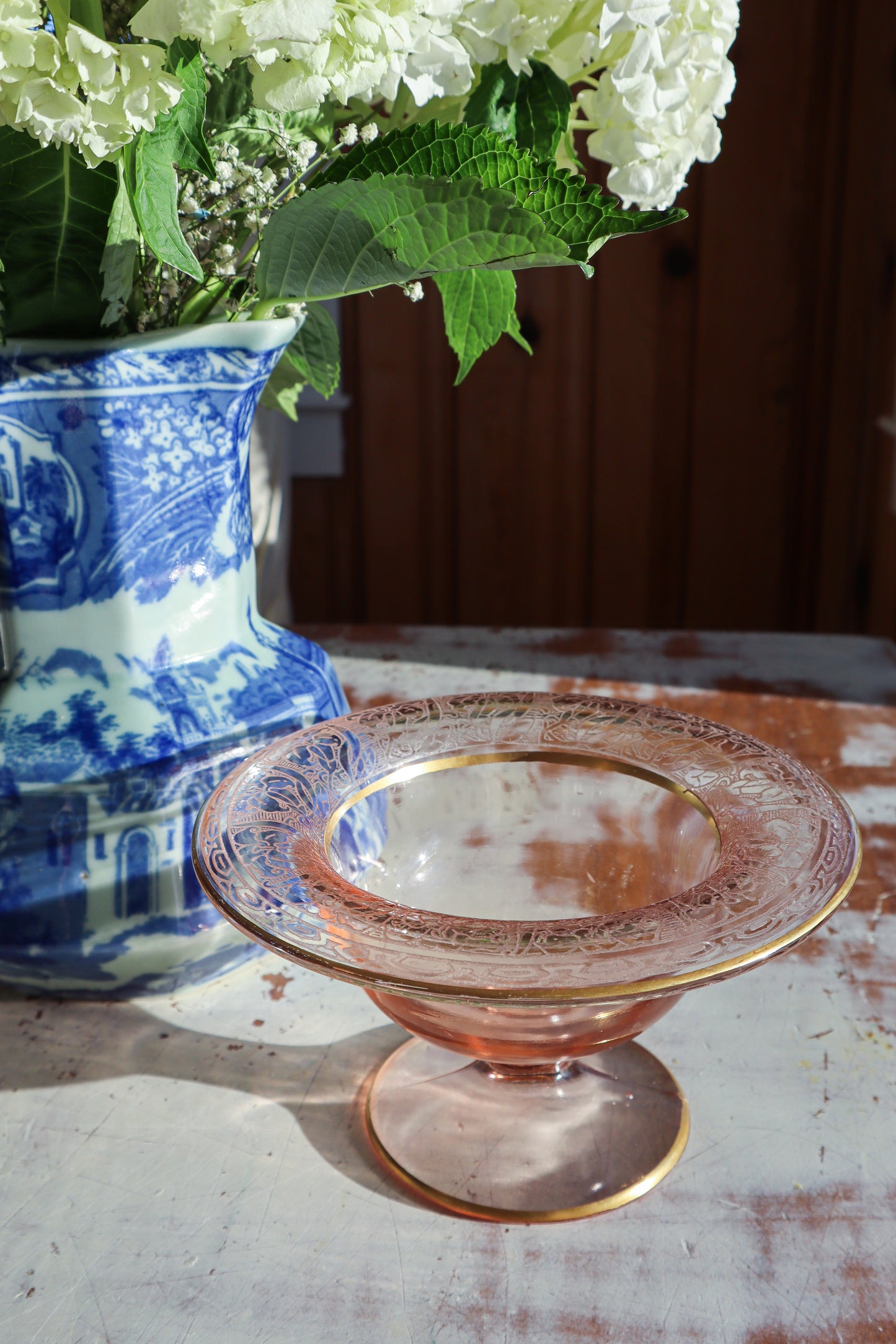 Lilies Etched Pink Depression Glass Footed Compote