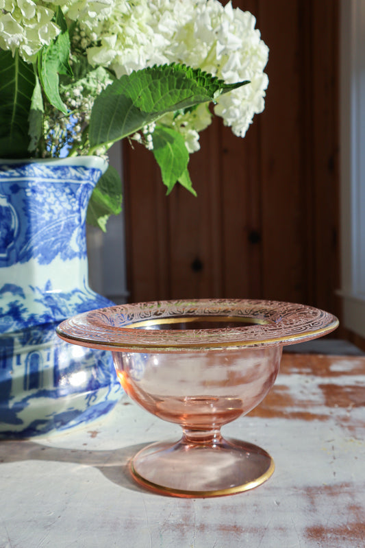 Lilies Etched Pink Depression Glass Footed Compote