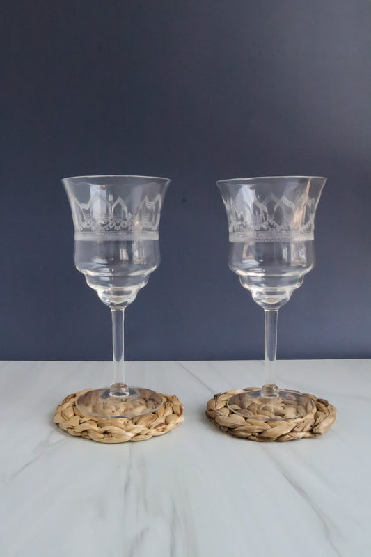 (Set of 2) Vintage Tall Etched Wine Glass