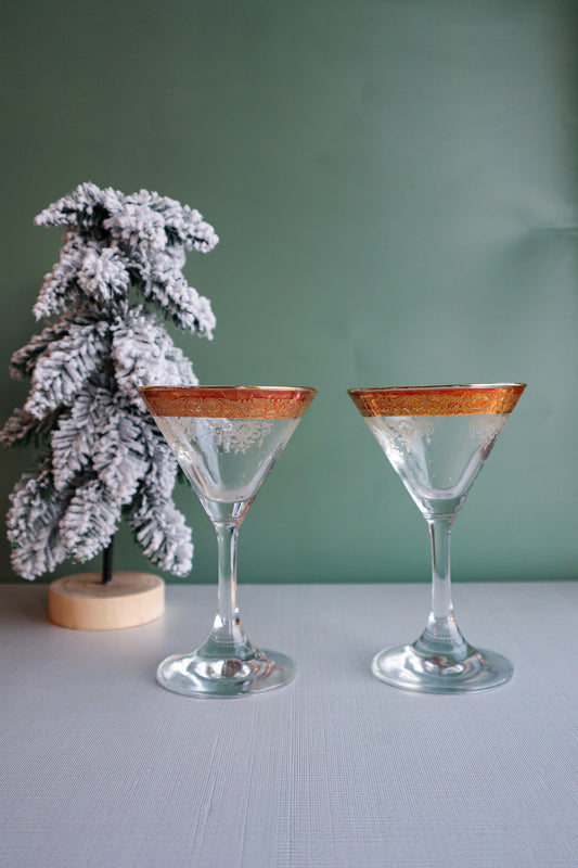 (Set of 2) Vintage Gold Rimmed Martini Glasses