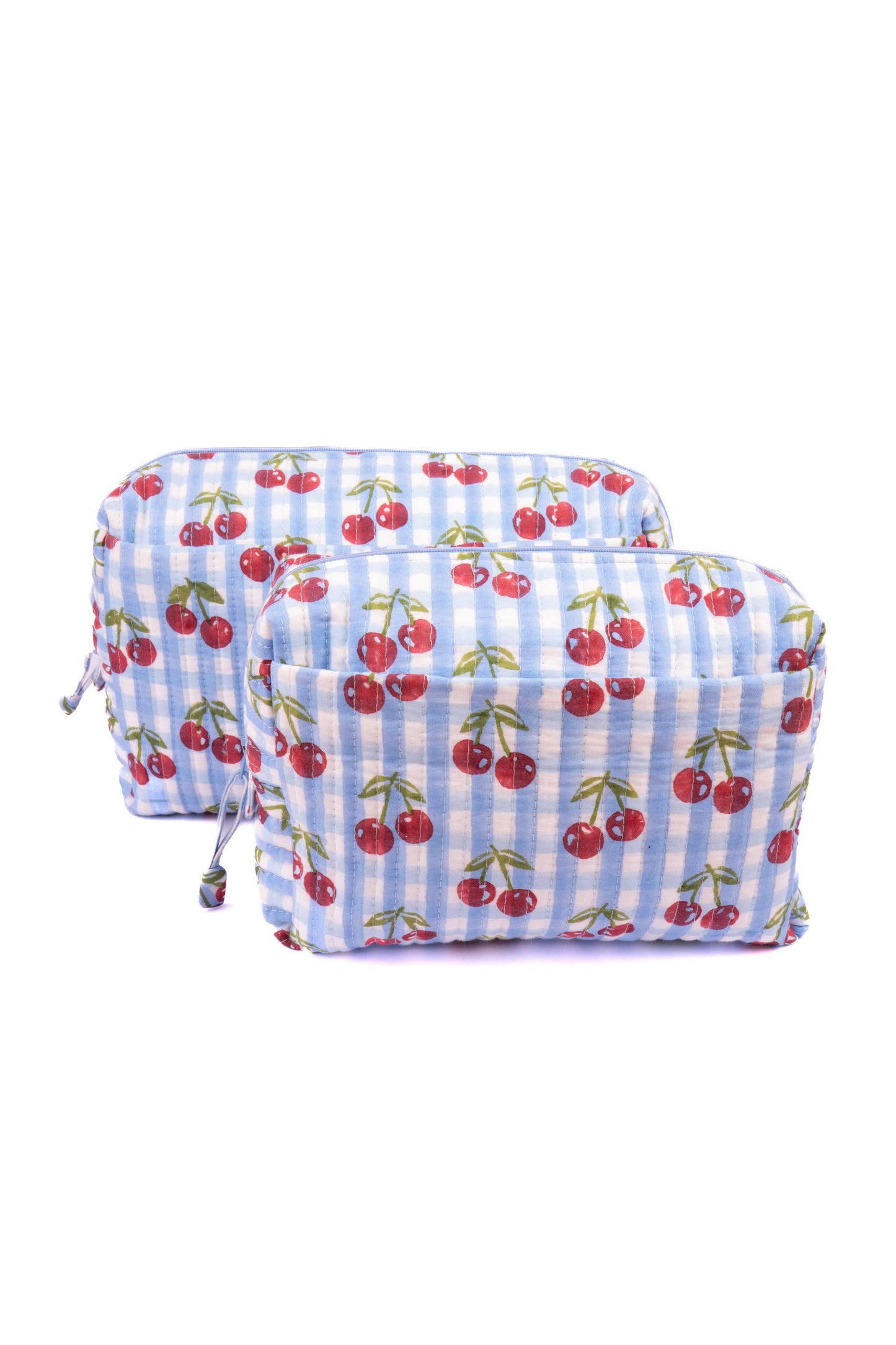 Cherry Makeup Bag in Blue Gingham Blockprint: Large