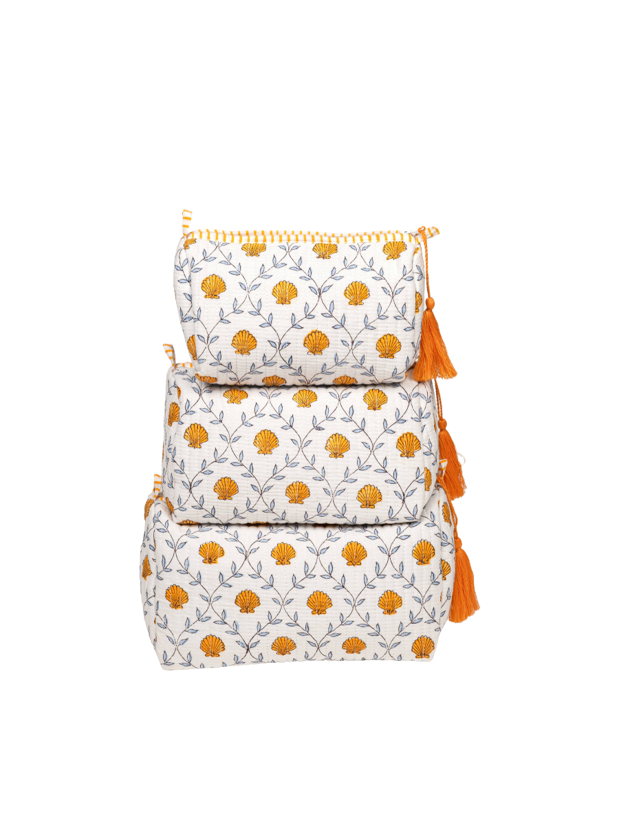Seashell Blockprint Makeup Bag, Orange