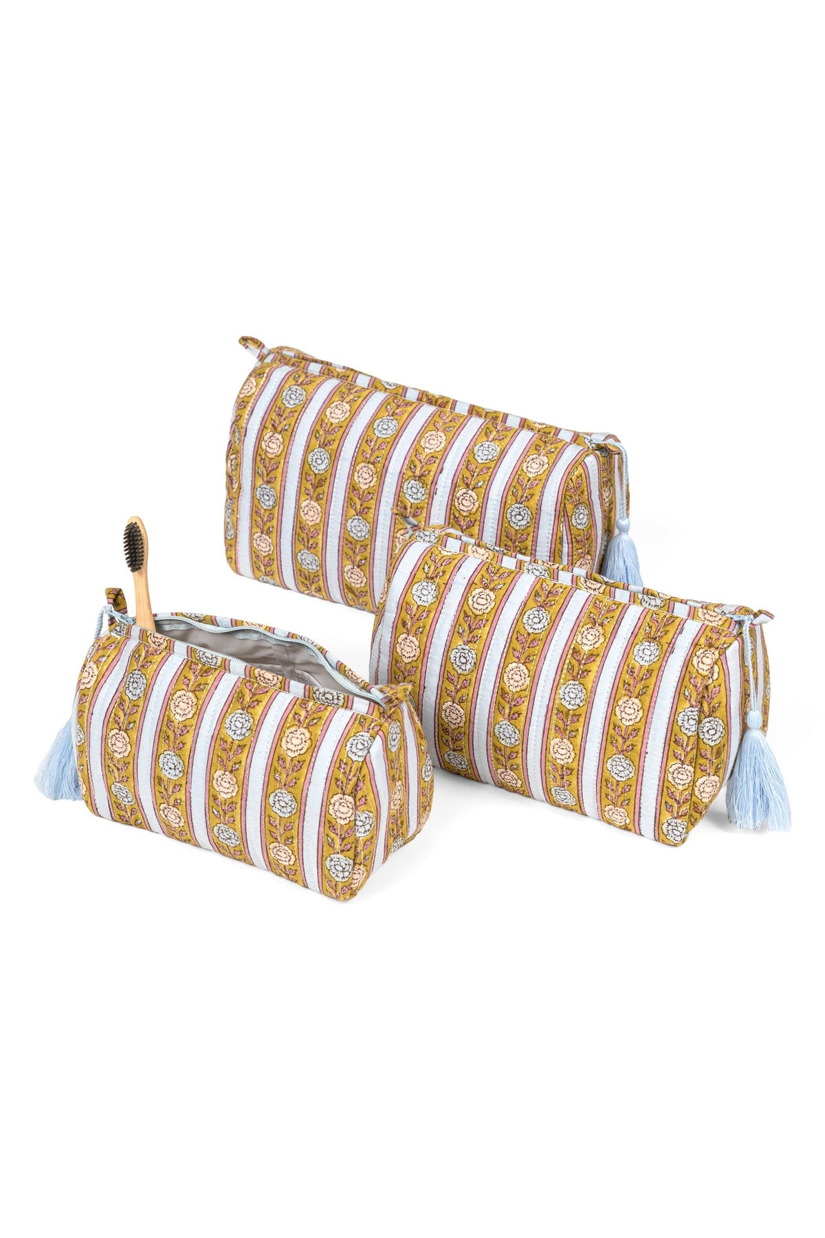 Green Vintage Floral Stripes Makeup Bag