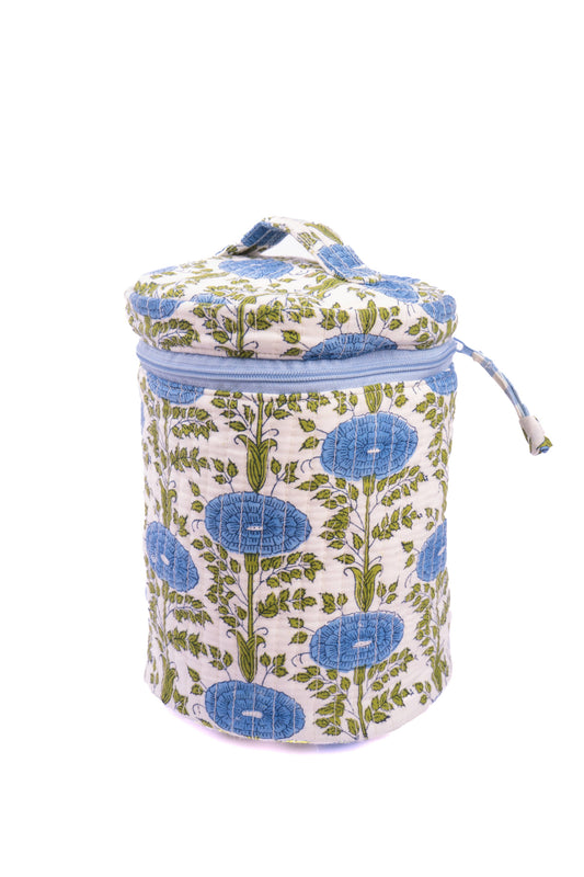 Blue Araminta Round Upright Makeup Bag