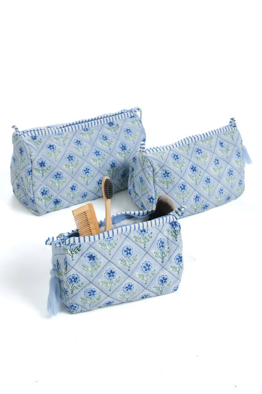 Mona Blockprint Makeup Bag in Blue - Large