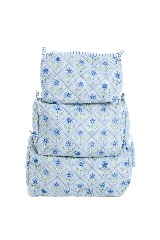 Mona Blockprint Makeup Bag in Blue - Large