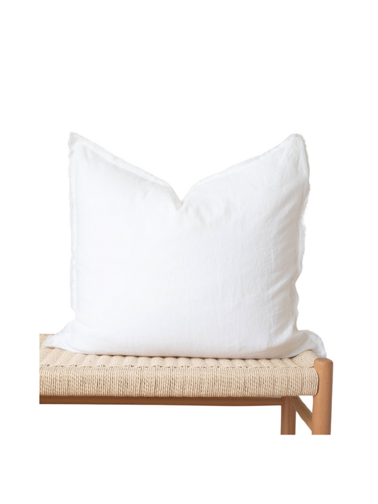 Large White Square Fringed Linen Pillow