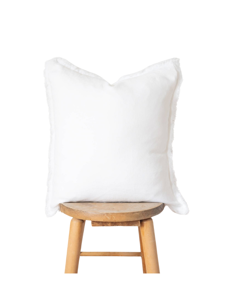 White Square Fringed Linen Pillow