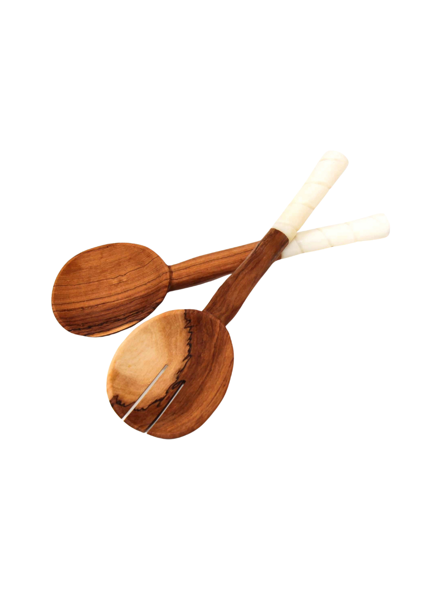 Olive Wood Etched Salad Servers