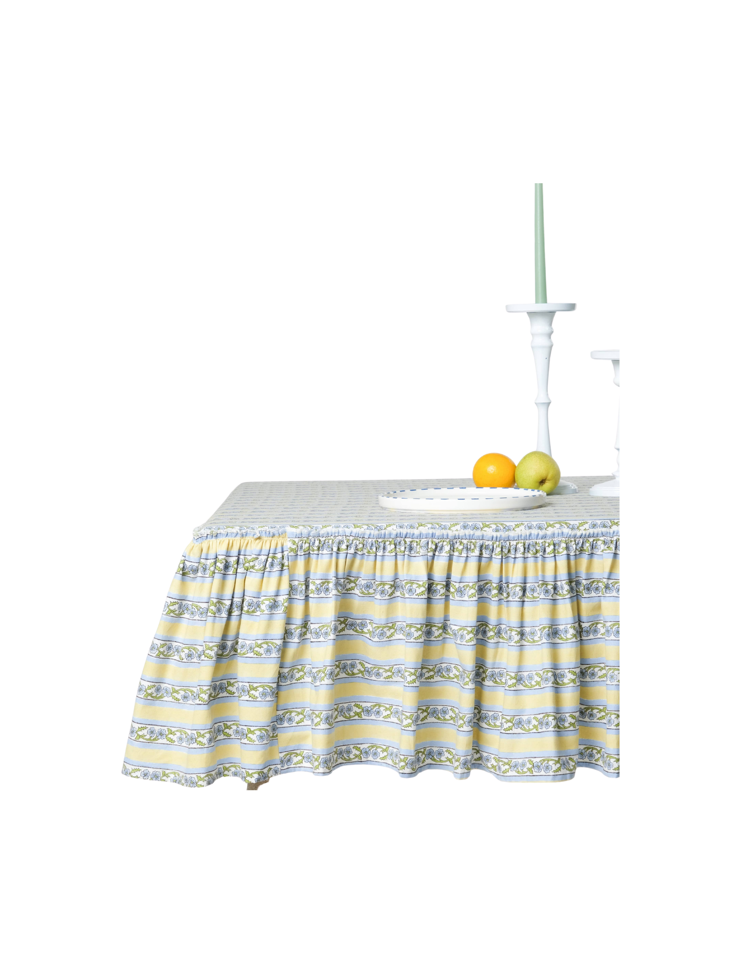 Provence Ruffled Blockprint Tablecloth in Butter Yellow