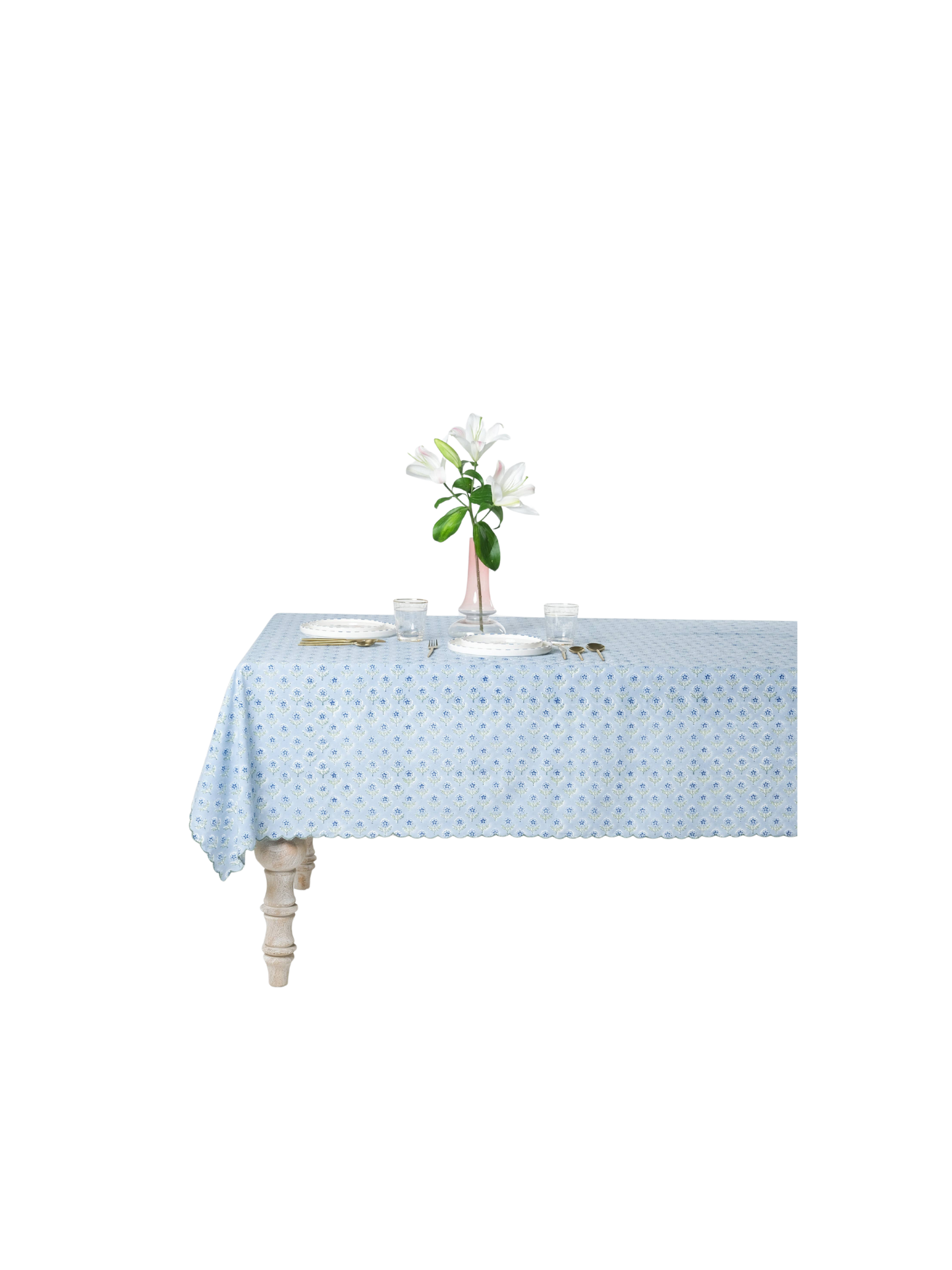 Mona Scallop Embroidered Blockprint Tablecloth in Blue: 60x90