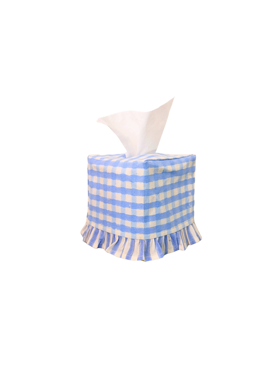 Ruffle Tissue Box Cover in Blue Gingham Blockprint