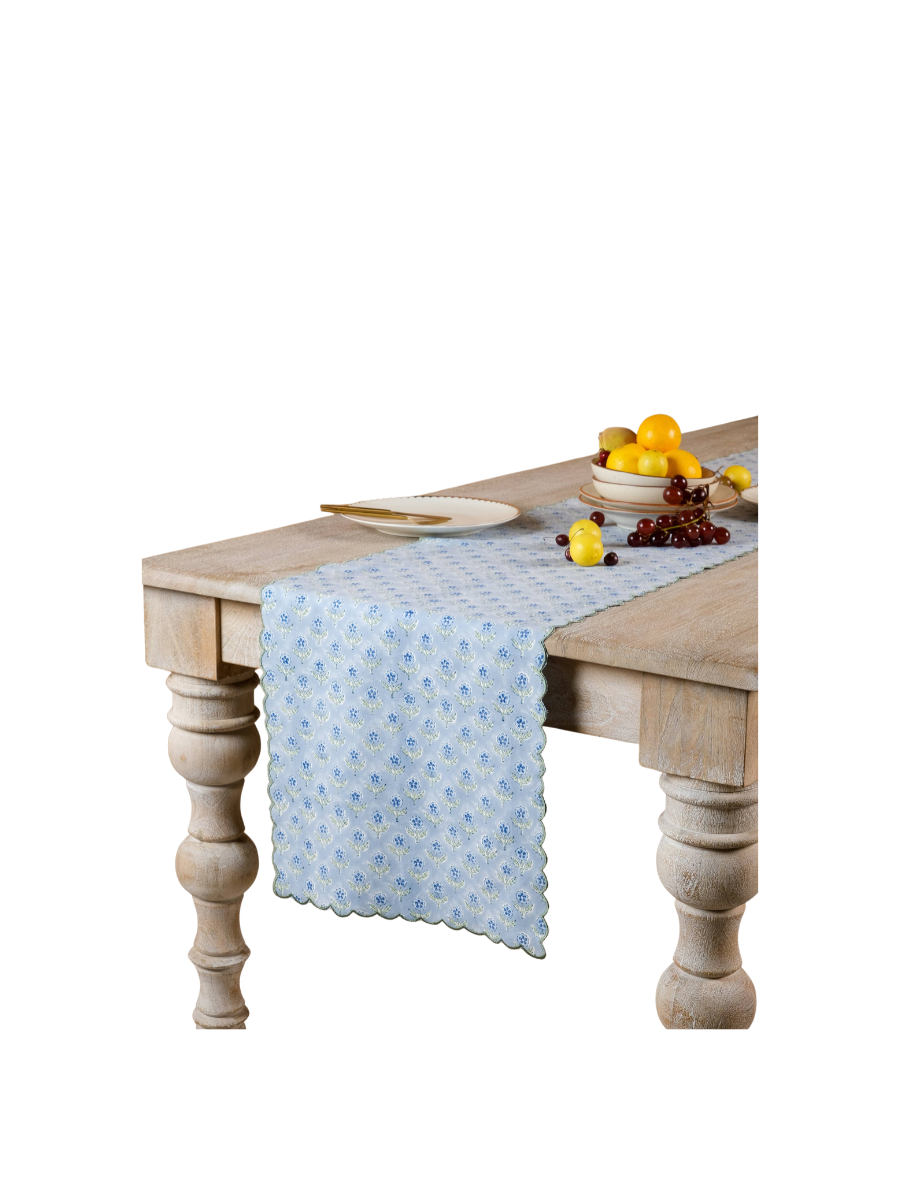 Mona Scallop Embroidered Blockprint Tablerunner in Blue