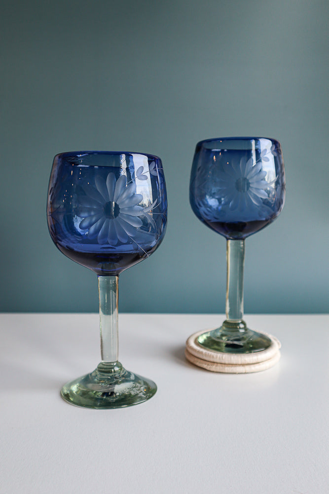Etched Condessa French Blue Red Wine Glass
