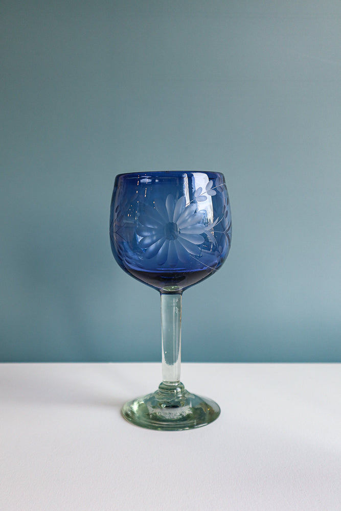 Etched Condessa French Blue Red Wine Glass