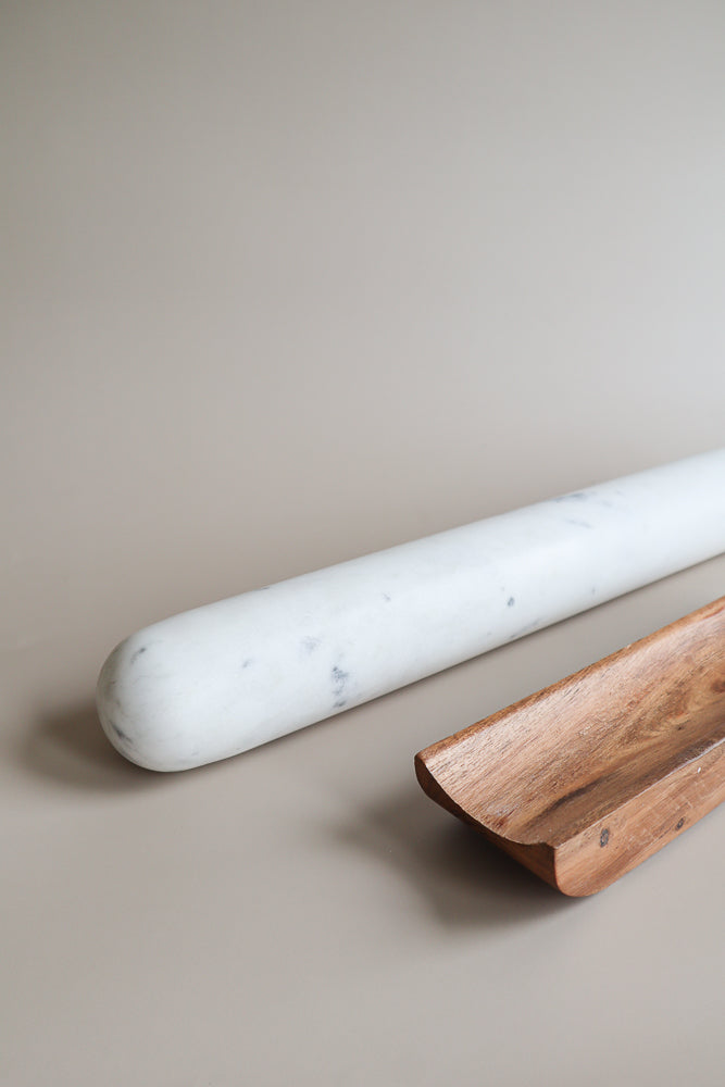 White Marble Rolling Pin and Wooden Base