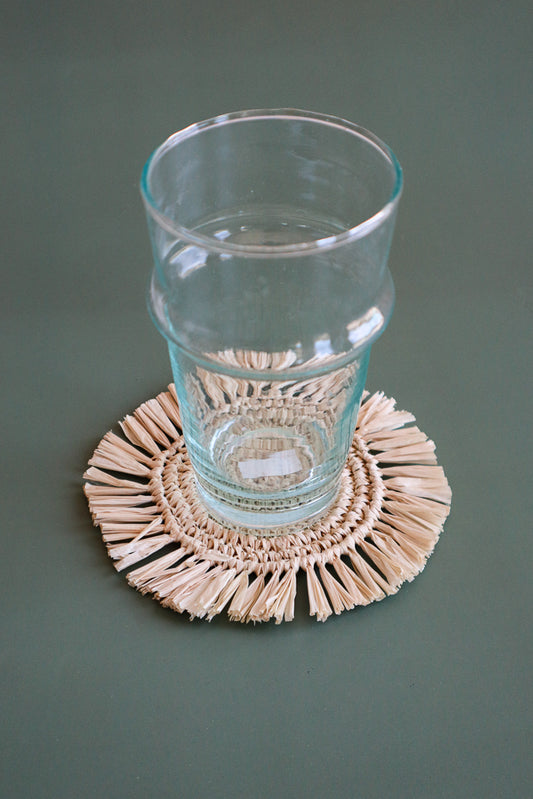 (Set of 4) Natural Raffia Round Crochet Coasters with Fringe