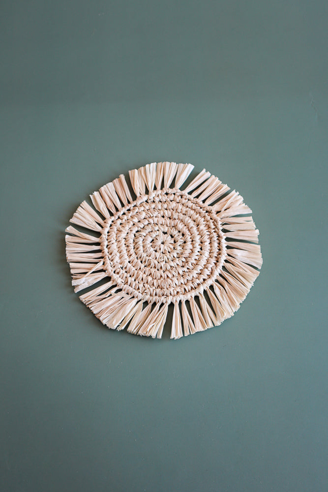 (Set of 4) Natural Raffia Round Crochet Coasters with Fringe