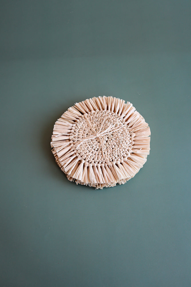 (Set of 4) Natural Raffia Round Crochet Coasters with Fringe