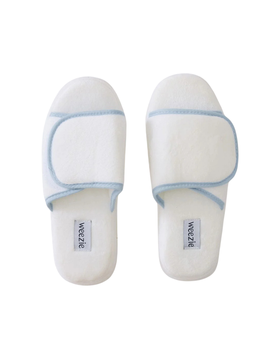 Adjustable Slippers, White with Light Blue Piping