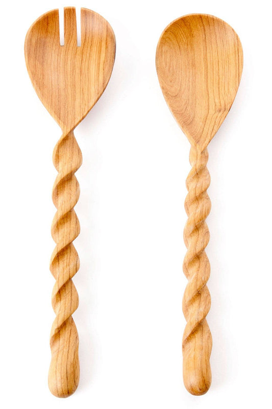 Kenyan Wild Olive Wood Spiral Salad Server Set