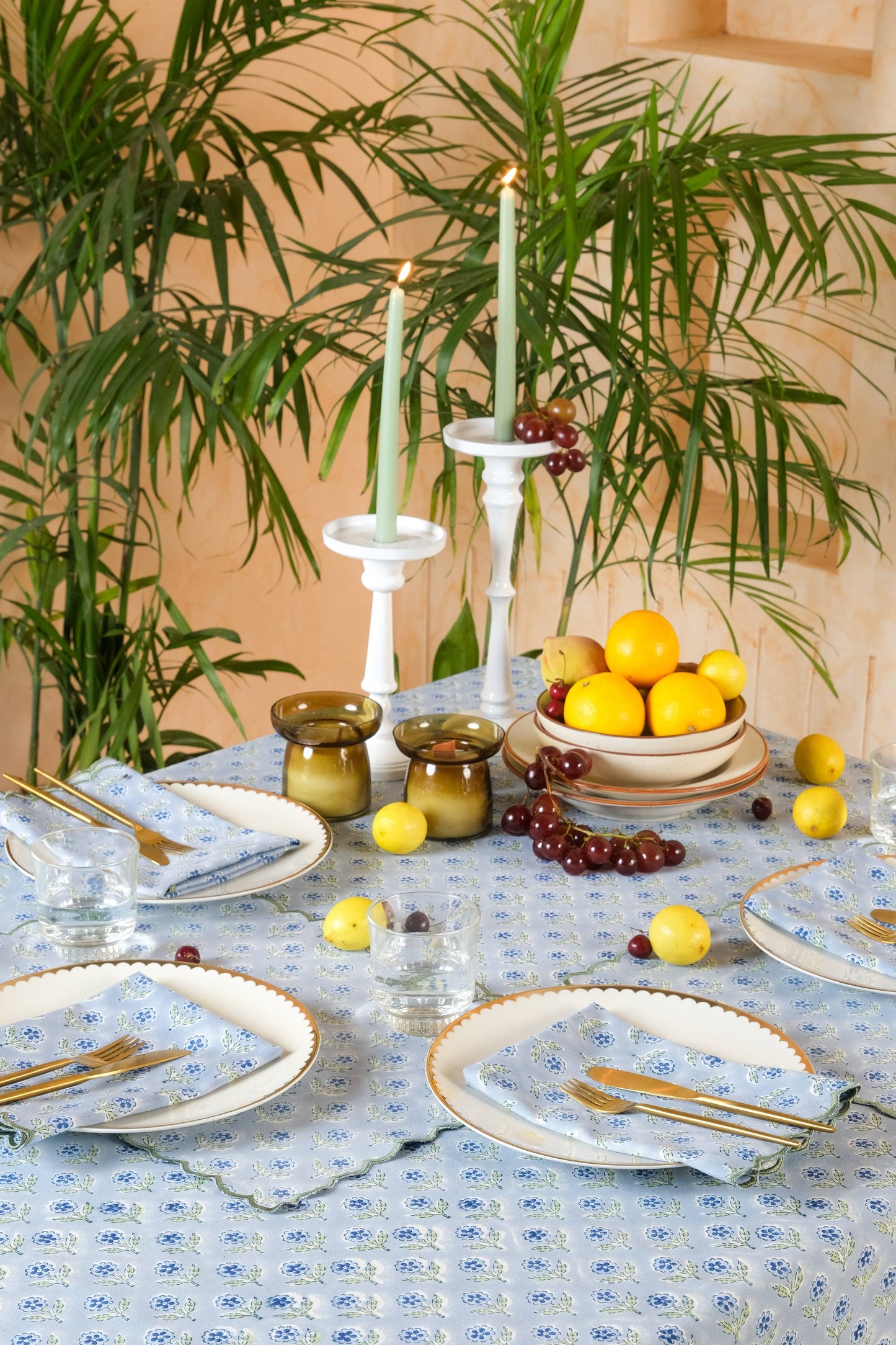 Mona Scallop Embroidered Blockprint Tablecloth in Blue: 70x120