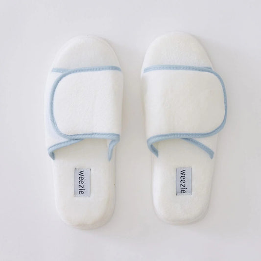 Adjustable Slippers, White with Light Blue Piping