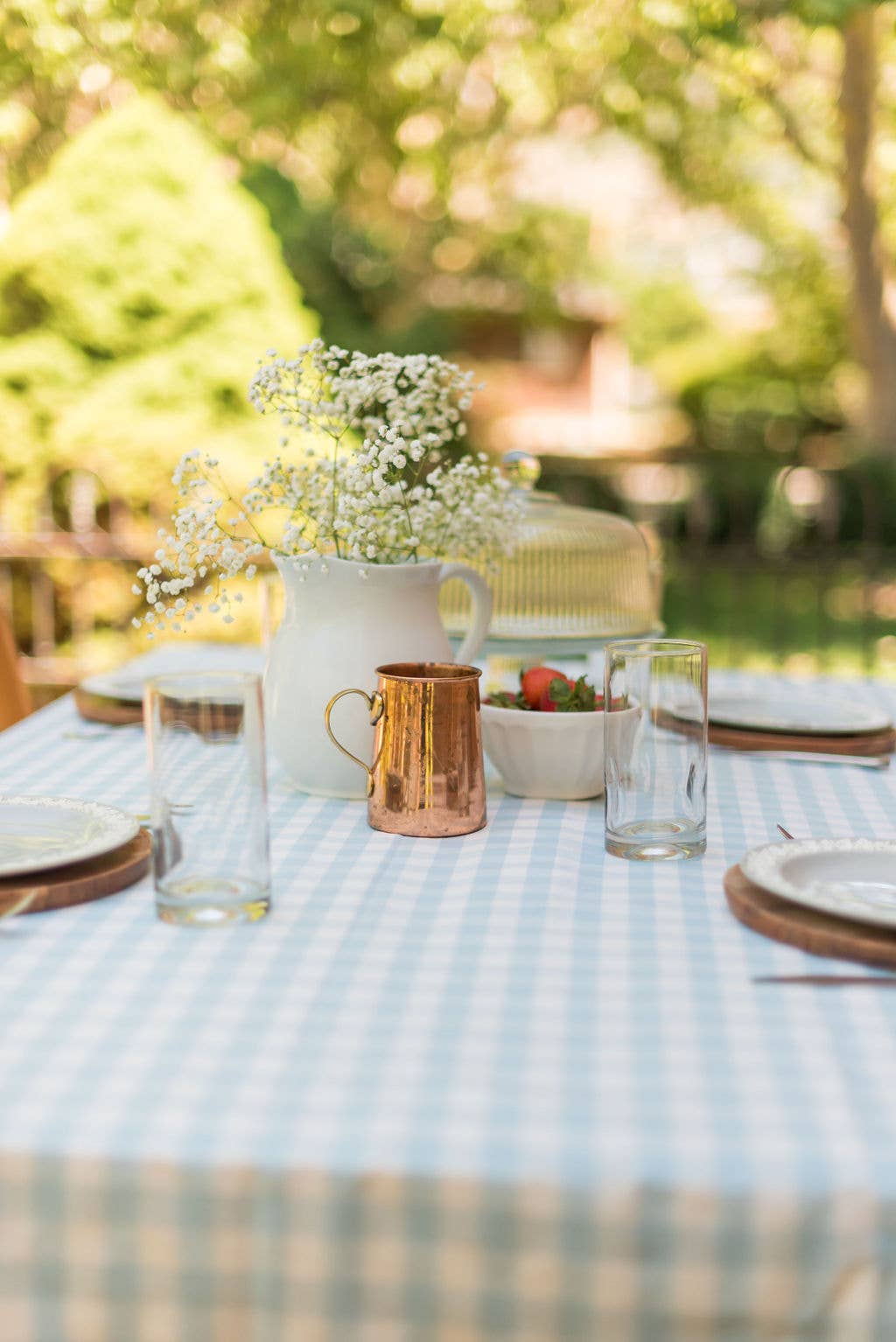 Blue Ruffled Gingham Tablecloth: 60" x 120"