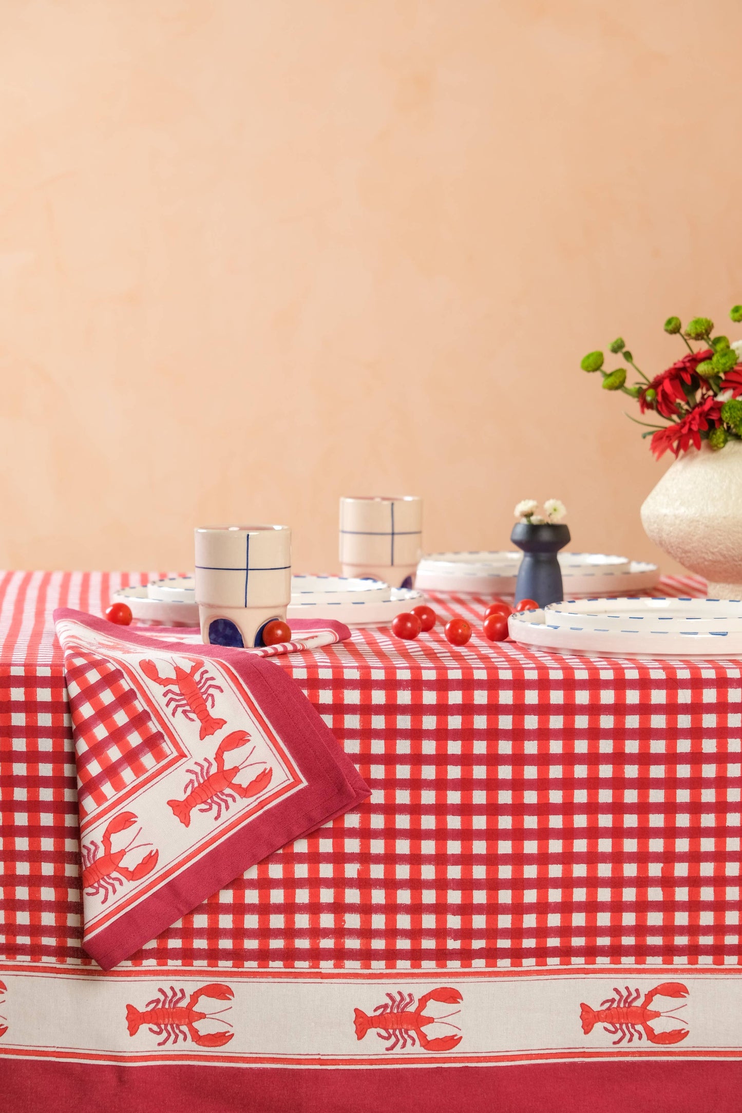 Lobster Red Gingham Blockprint Tablecloth: 70x120