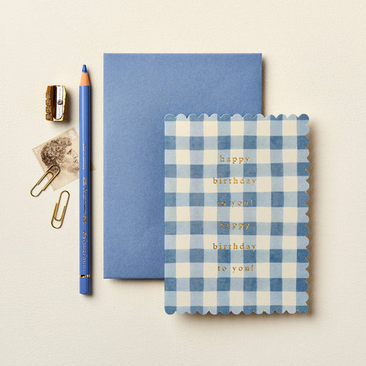 Mid Blue Gingham Birthday Card