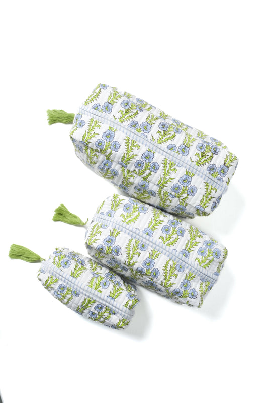 Forget-Me-Not Blockprint Makeup Bag in Blue - Large