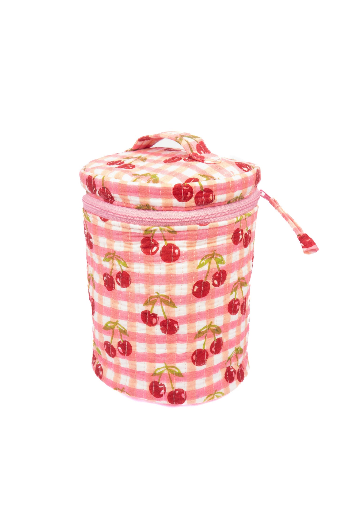 Cherry Round Upright Makeup Bag in Red Gingham Blockprint