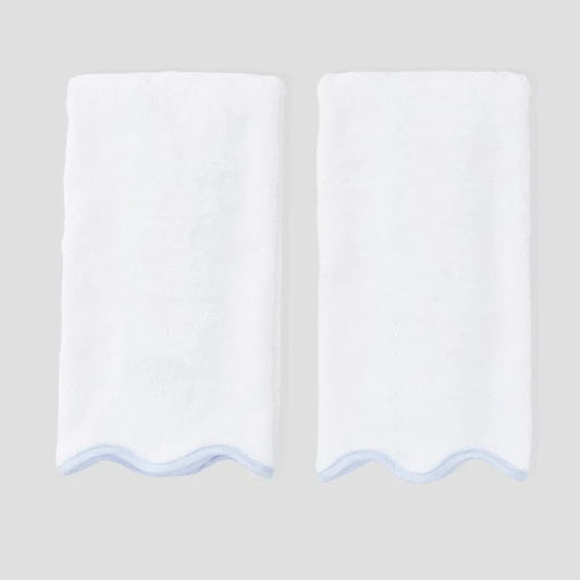 (Pair) Scallop Bath Hand Towels, Light Blue Piping