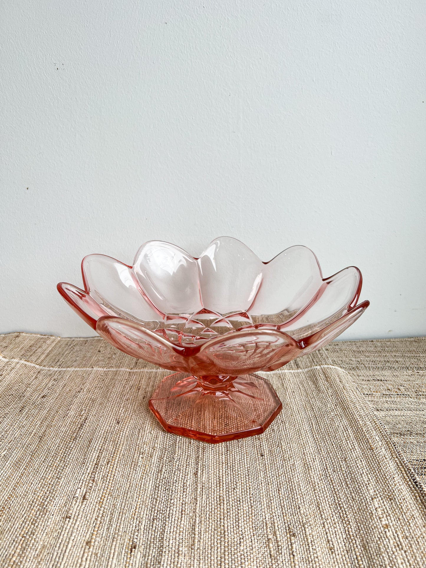 Vintage 1960s Pink Scalloped Glass Pedestal Bowl
