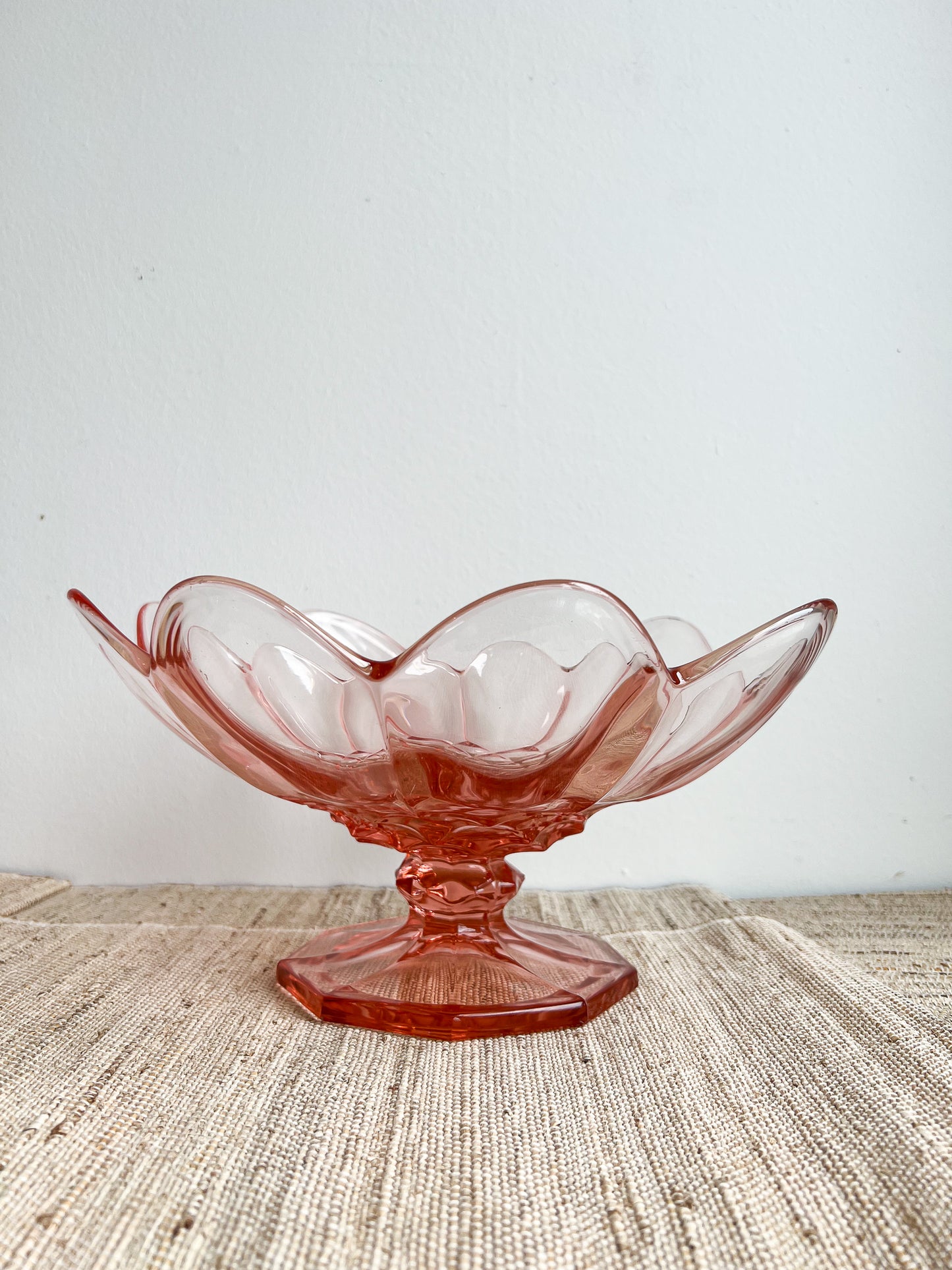 Vintage 1960s Pink Scalloped Glass Pedestal Bowl