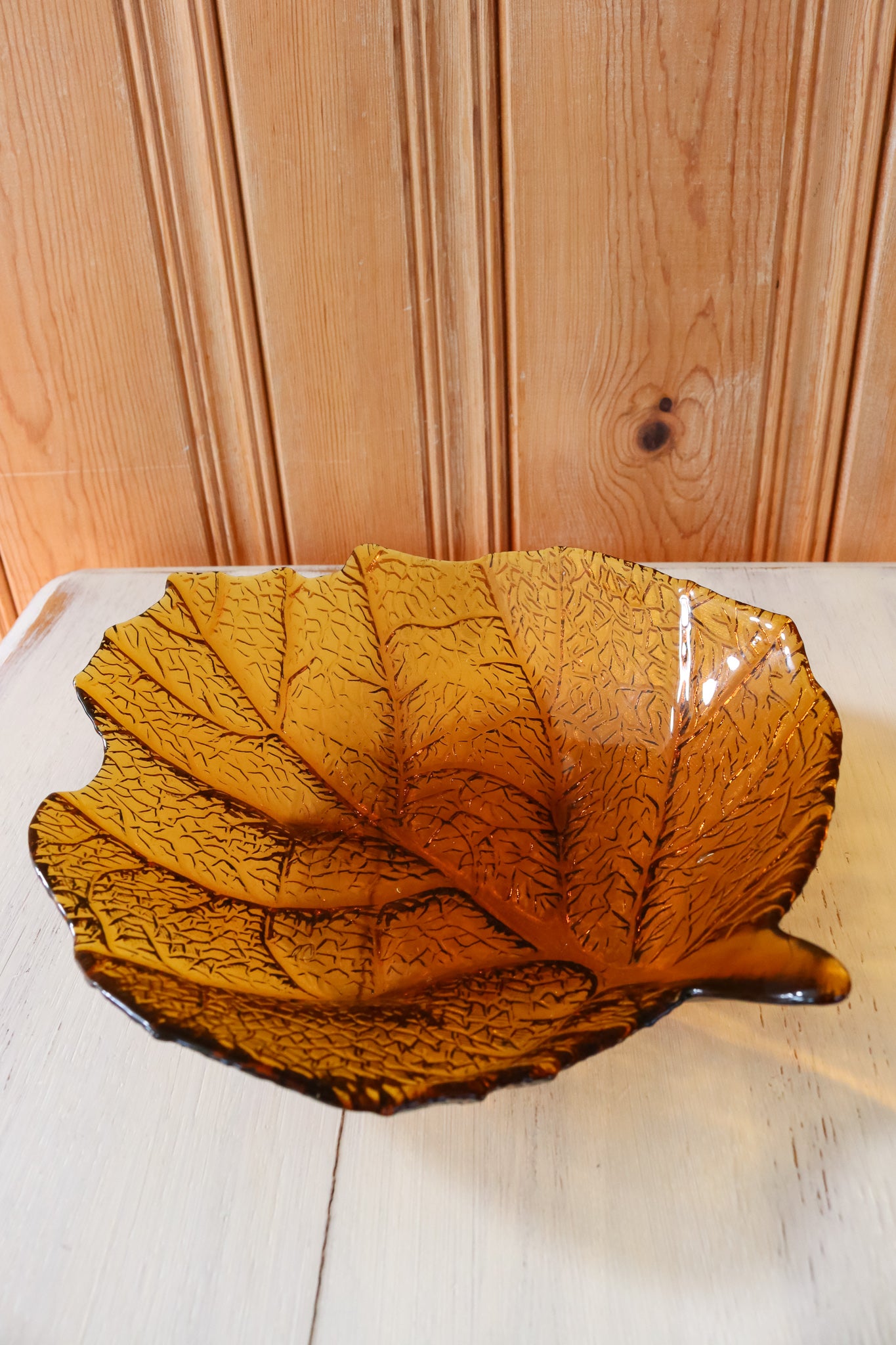 Vintage Amber Leaf Glass Dish